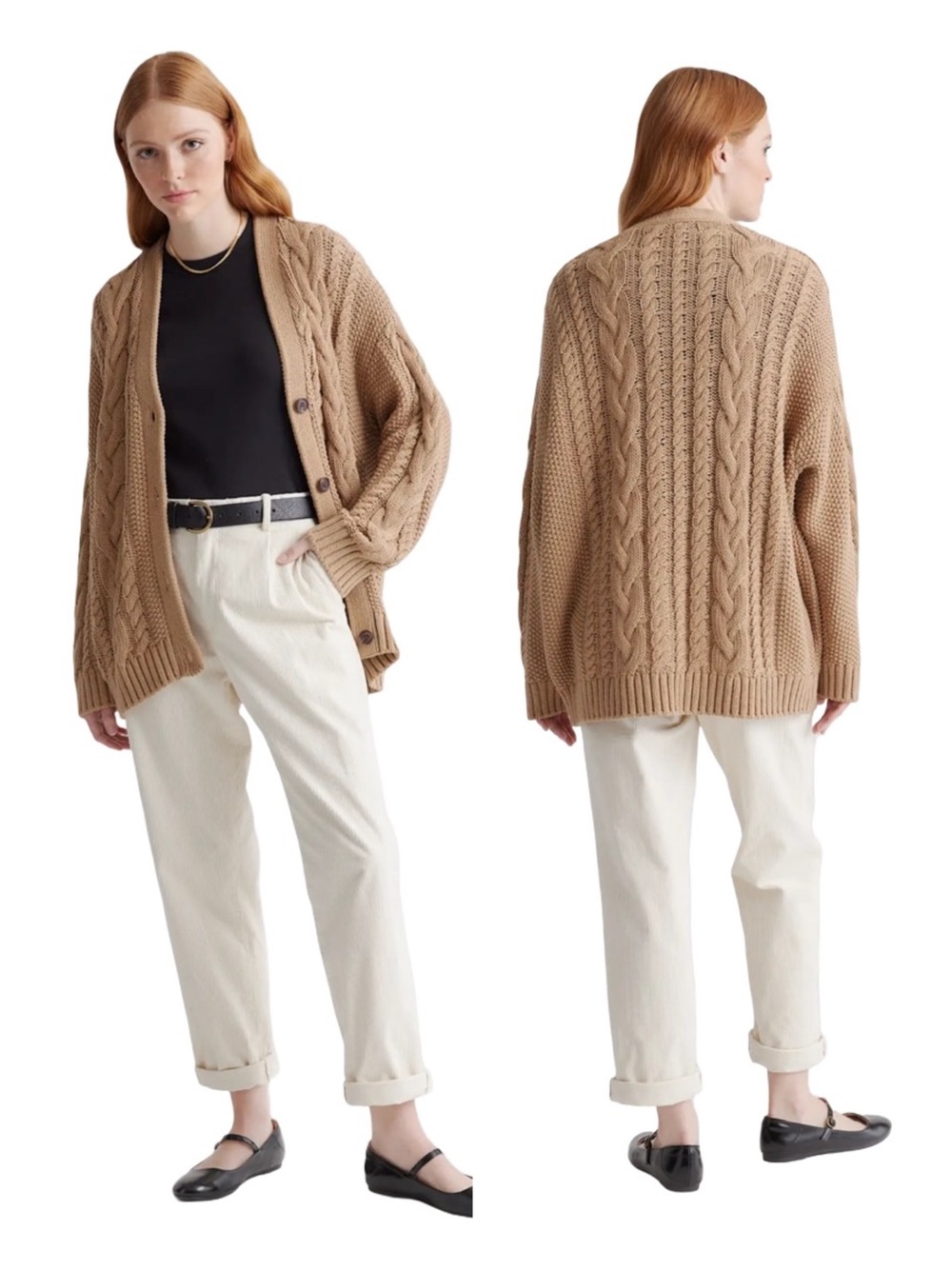 Quince Camel Brown Organic Cotton Oversized Cable Knit Cardigan Medium